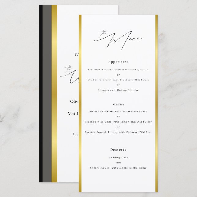 Elegant typografi Svart Vit Guld Rand Bröllop Meny (Fram/baksida)