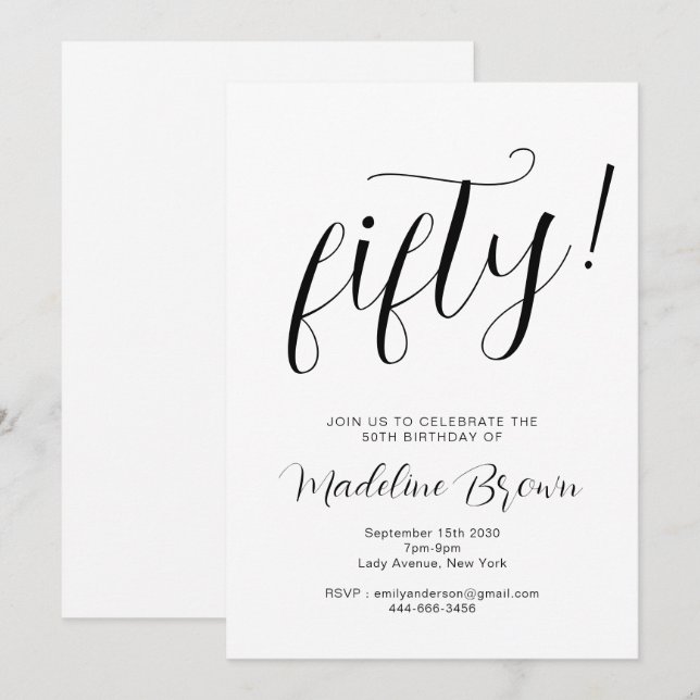 Elegant Typografi Svartvit 50:e födelsedag Inbjudningar (Fram/baksida)