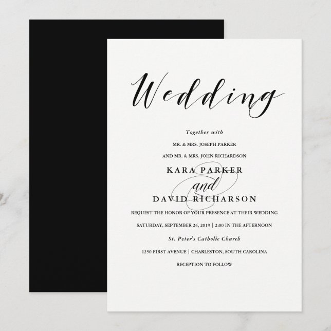 Elegant Typografi | Svartvit Bröllop Inbjudningar (Fram/baksida)