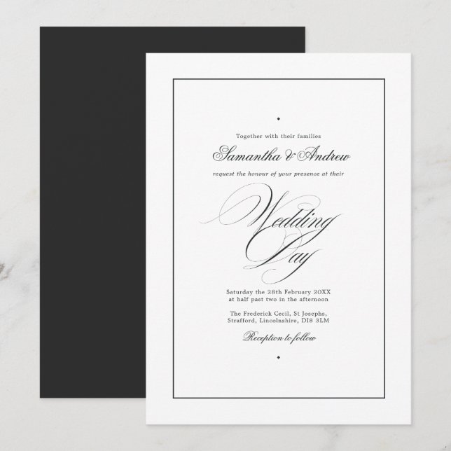 Elegant typografi Tidlös svart-vit bröllopsfest Inbjudningar (Fram/baksida)
