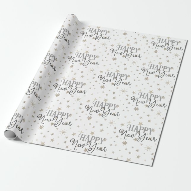 Elegant Typografi White Grått Stars Gott nytt år Presentpapper (Utrullad)