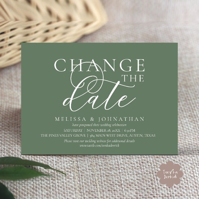 Elegant typografisk bröllopsförsening ändra datum inbjudningar (Chic Typographic Wedding Postpone Postponement Change the date Invitation card in sage green)