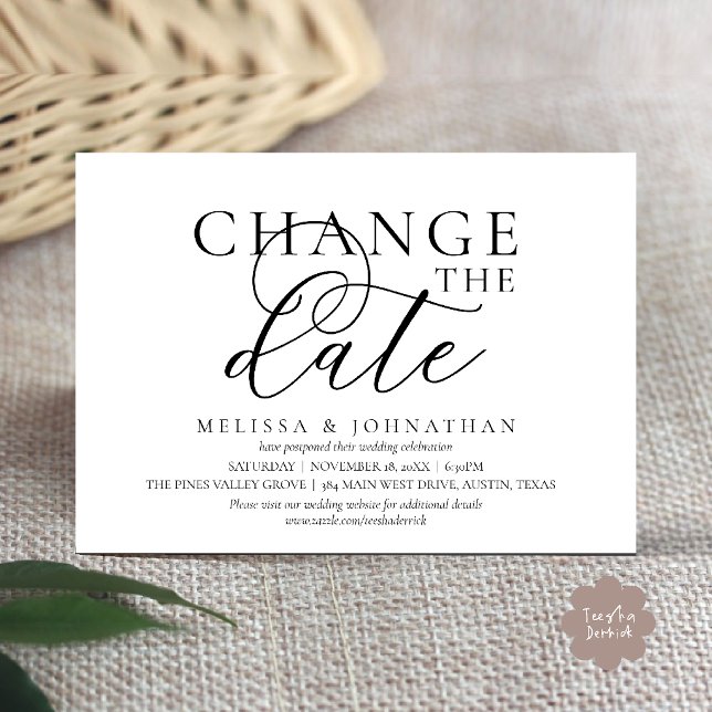 Elegant typografisk bröllopsförsening ändra datum inbjudningar (Chic Typographic Wedding Postponement Change the date Invitation Card in Black and White)