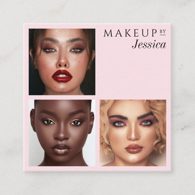Elegant Typography Blush Pink 3 Photo Makeup Fyrkantigt Visitkort (Framsida)