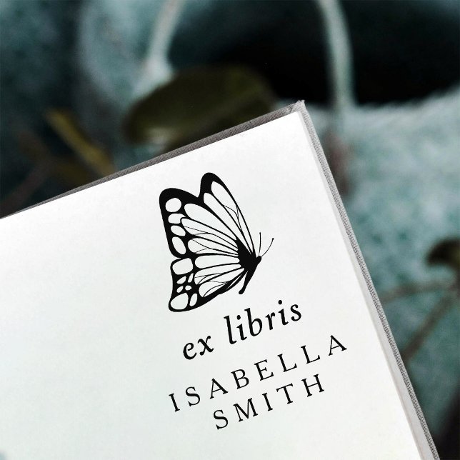 Elegant Typography Butterfly Ex Libris Bookplate Självfärgande Stämpel (Skapare uppladdad)