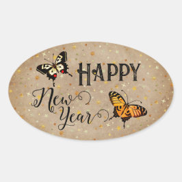 Elegant Typography Butterfly Stars Rustic nyår Ovalt Klistermärke