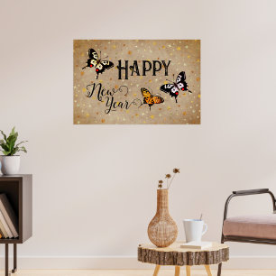 Elegant Typography Butterfly Stars Rustic nyår Poster