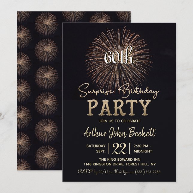 Elegant Typography Fireworks Surprise Birthday Inbjudningar (Fram/baksida)