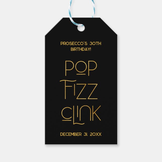 Elegant Typography Pop Fizz Clink Birthday Presentetikett (Framsidan)