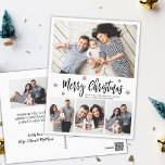 Elegant Typography Script Collage jul Vykort<br><div class="desc">Elegant, Modern Black and White 4 Photo Collage God jul Script Helgdag Postcard. Den här festliga, imimalistiska, vimiska 4 (4) fotokortsmallen innehåller en söt fotokollage, en snowflake och säger God jul! Texten "God jul" hälsning är skriven med ett vackert, svart, stavat typsnitt på vit färg-bakgrund. Söt hälsning vykort till din...</div>