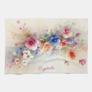Elegant typsnittskript Namn Vattenfärg Blommor Kökshandduk