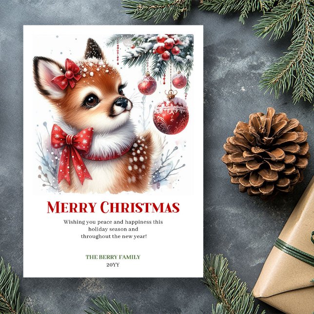 Elegant tyst skogs hjort akvarell julkort (Chic Hushed Forest Fawn Watercolor Christmas Card)