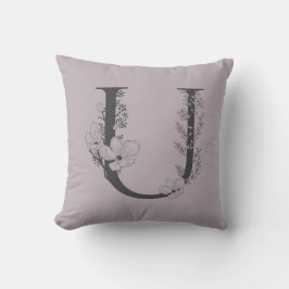 Elegant U Boho Blommigt Monogram Initial Lilac Grå Kudde