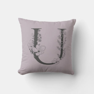 Elegant U Boho Blommigt Monogram Initial Lilac Grå Kudde