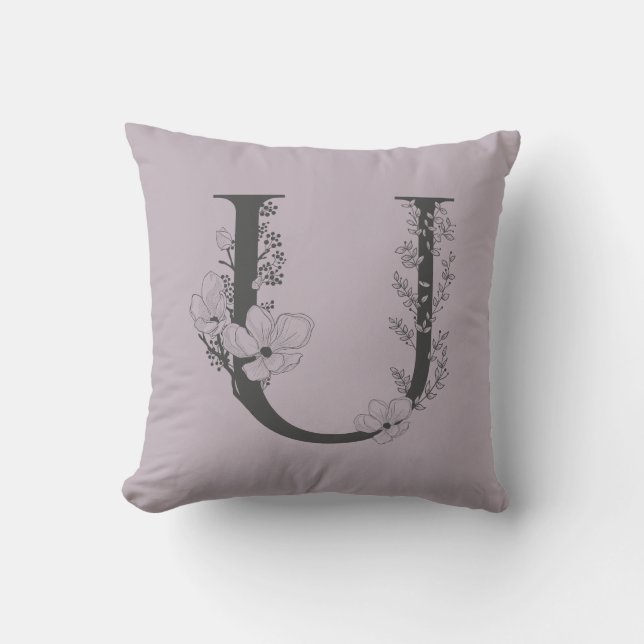 Elegant U Boho Blommigt Monogram Initial Lilac Grå Kudde (Framsida)