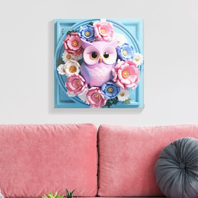 Elegant Uggla Art med Blommigt - Mjuk Rosa Canvastryck (Insitu (Vardagsrum))