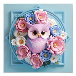 Elegant Uggla Art med Blommigt - Mjuk Rosa Fototryck