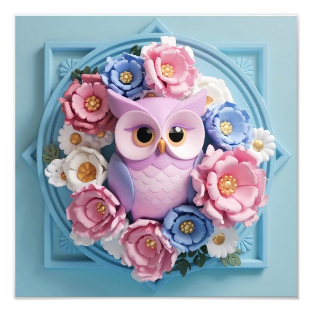 Elegant Uggla Art med Blommigt - Mjuk Rosa Fototryck (Framsidan)