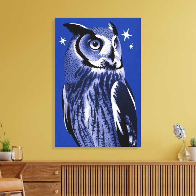 Elegant Uggla Blå Monokrom Redaktionell Konst Canvastryck (Insitu (Vardagsrum))