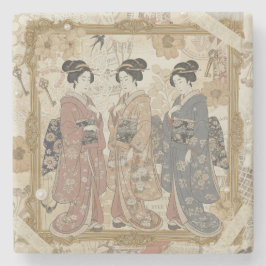 Elegant Ukiyoe-kollagekonst – Vintage JP Skönhetss Stenunderlägg