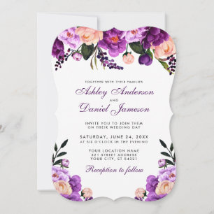 Elegant Ultra Violet Lila Blommigt Bröllop PS Inbjudningar