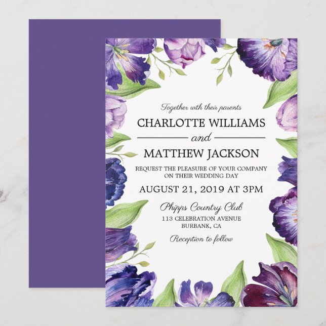 Elegant Ultra Violet Watercolor Tulips Bröllop Inbjudningar (Fram/baksida)