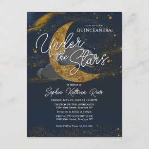 Elegant under Stars Blue Guld Måne Quinceanera Vykort
