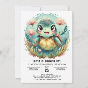 Elegant Underwater Turtle Girl Birthday Inbjudningar