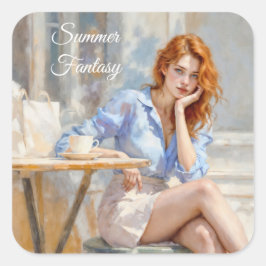 Elegant unge dam i blått och vitt på ett kafé fyrkantigt klistermärke