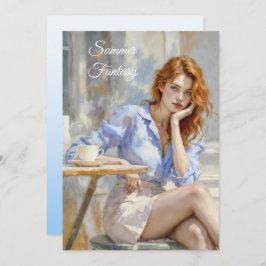 Elegant unge dam i blått och vitt på ett kafé inbjudningar