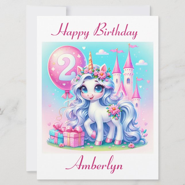 Elegant Unicorn 2-Year Old Birthday Card (Framsida)