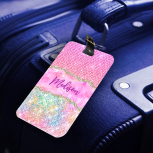 Elegant Unicorn rosa glitter rhinestone monogram l Bagagebricka
