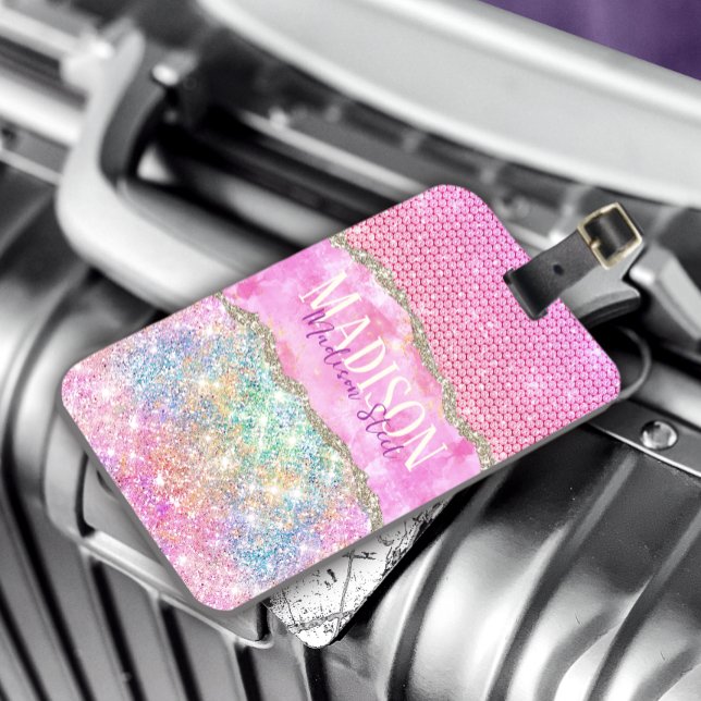 Elegant Unicorn rosa glitter rhinestone monogram l Bagagebricka (Skapare uppladdad)