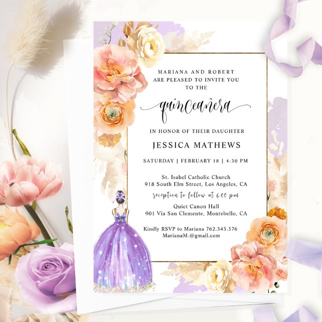 Elegant, Unik Lila Blommigt Princess Quinceañera Inbjudningar (Skapare uppladdad)