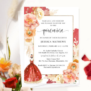Elegant, Unik Red Blommigt Princess Quinceañera Inbjudningar