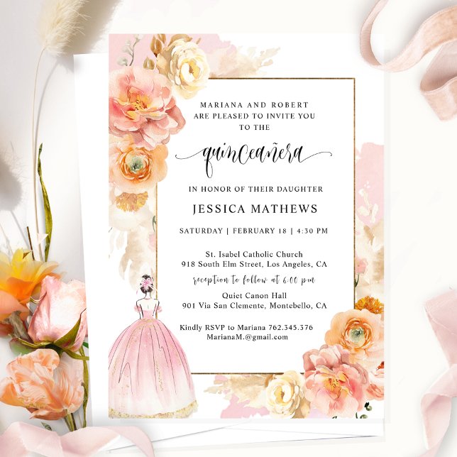 Elegant, Unik Rosa Blommigt Princess Quinceañera Inbjudningar (Skapare uppladdad)