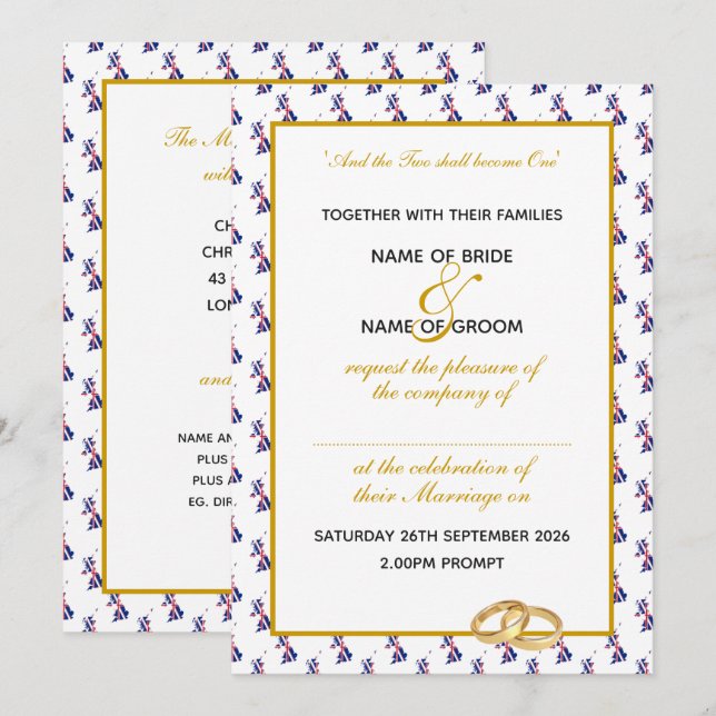 Elegant UNION JACK UK med Guld Script Bröllop Inbjudningar (Fram/baksida)