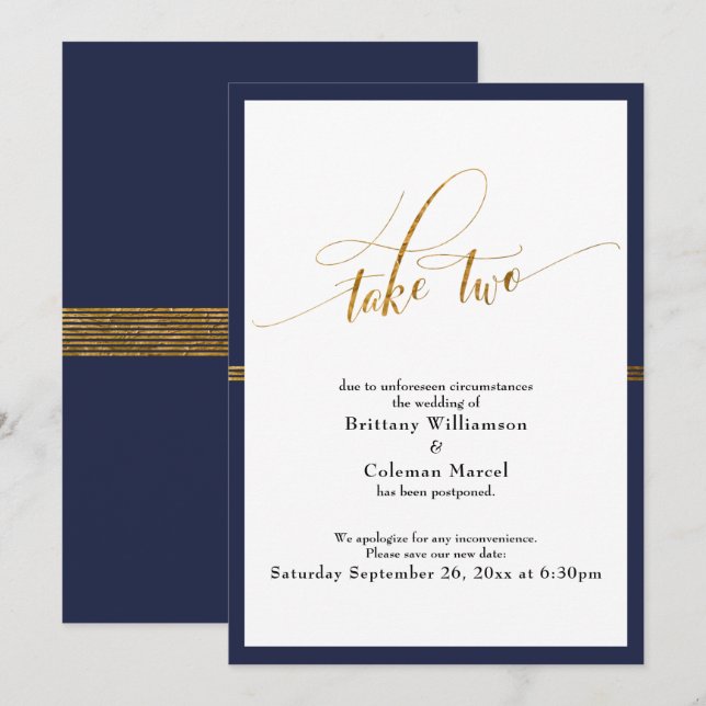 Elegant uppskjuten vigsel navy & guld randig kort (Fram/baksida)