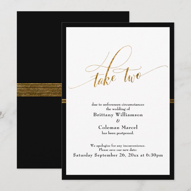 Elegant Uppställd Bröllop Svart & Guld Randig Kort (Fram/baksida)