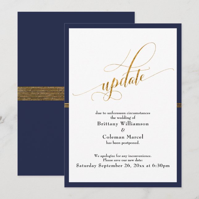 Elegant Uppställd Bröllops Navy & Guld Rand Kort (Fram/baksida)