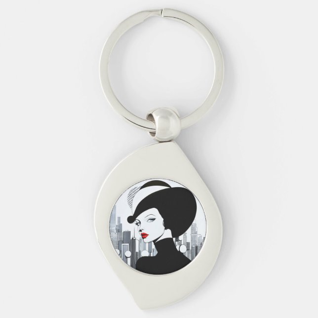 Elegant Uptown Girl New York High Society Swirl Silverfärgad Nyckelring (Framsidan)