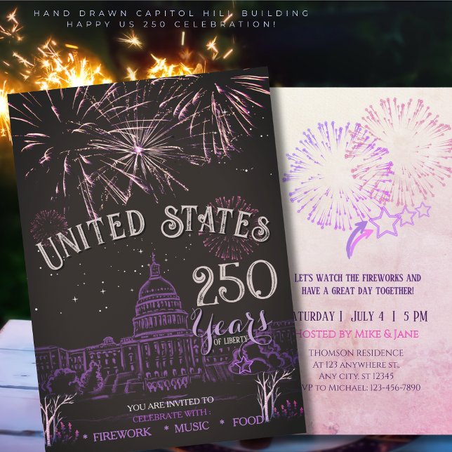Elegant USA 250 år fyrverkeri lila Capitol Hill Inbjudningar (Elegant US 250 Years Firework Purple Capitol Hill Invitation)