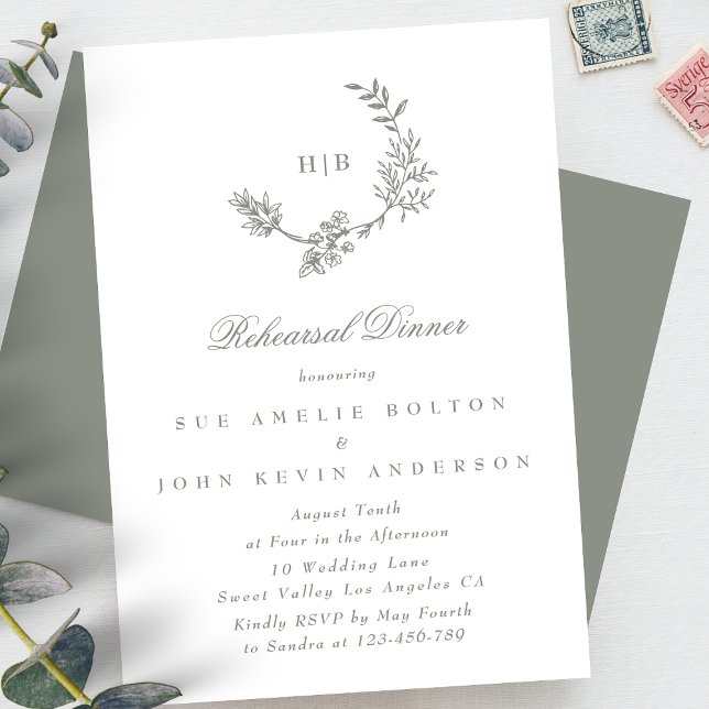 Elegant Utandning Blommigt Monogram Sage Grönt Brö Tilläggskort (Skapare uppladdad)