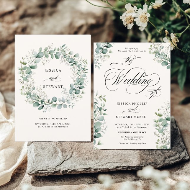 Elegant Utandning Eucalyptus Greenery Script Bröll Inbjudningar (Elegant Breath Eucalyptus Greenery Script Wedding Invitation)