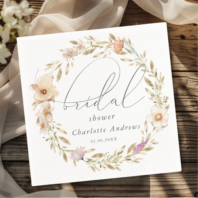 Elegant, utandning, Möhippa för handskrift Pappersservett (Personalized, elegant, boho wreath, handwriting Bridal Shower Napkins)