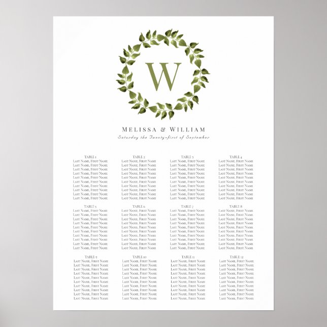 Elegant Utandning Monogram Grönt Bröllop Sittplats Poster (Framsidan)