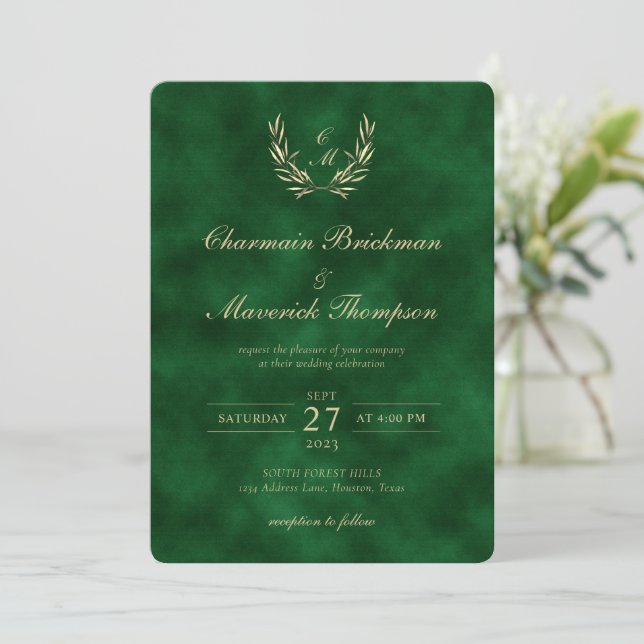 Elegant Utandning Monogram Grönt Velvet Bröllop Inbjudningar (Stående Fram)