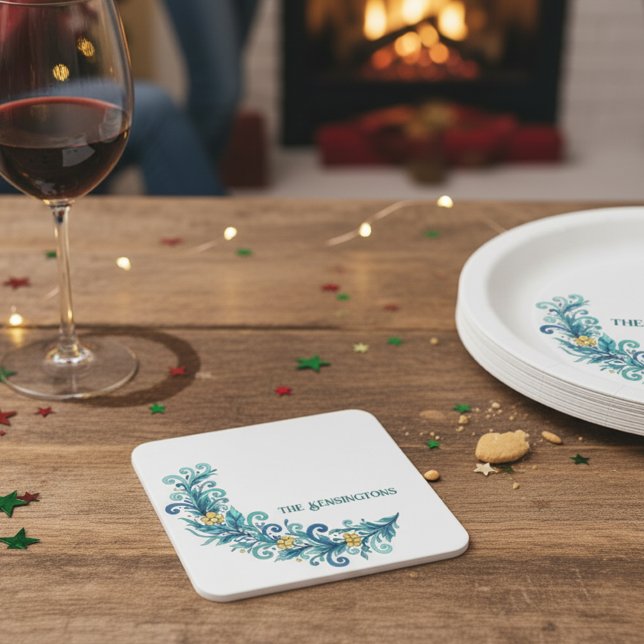 Elegant Utandningssväljare Underlägg Papper Kvadrat (Personalized Holiday Christmas Swag Paper Drink Coaster)