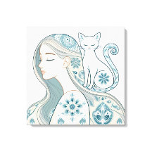 Elegant Utformning av kvinna och katt Blommigt Art