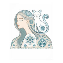 Elegant Utformning av kvinna och katt Blommigt Art